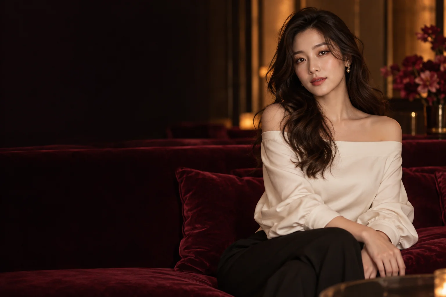 아이보리 루즈핏 블라우스를 입고 따뜻한 조명의 소파에 앉은 성인 여성, AI 브랜드 화보