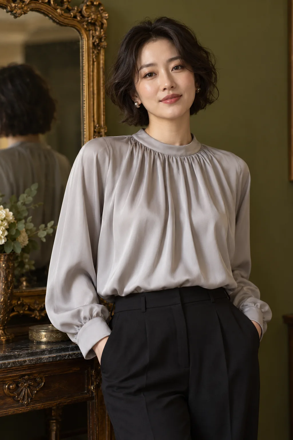 진주색 블라우스와 거울 앞 여성 · AI 브랜드 화보