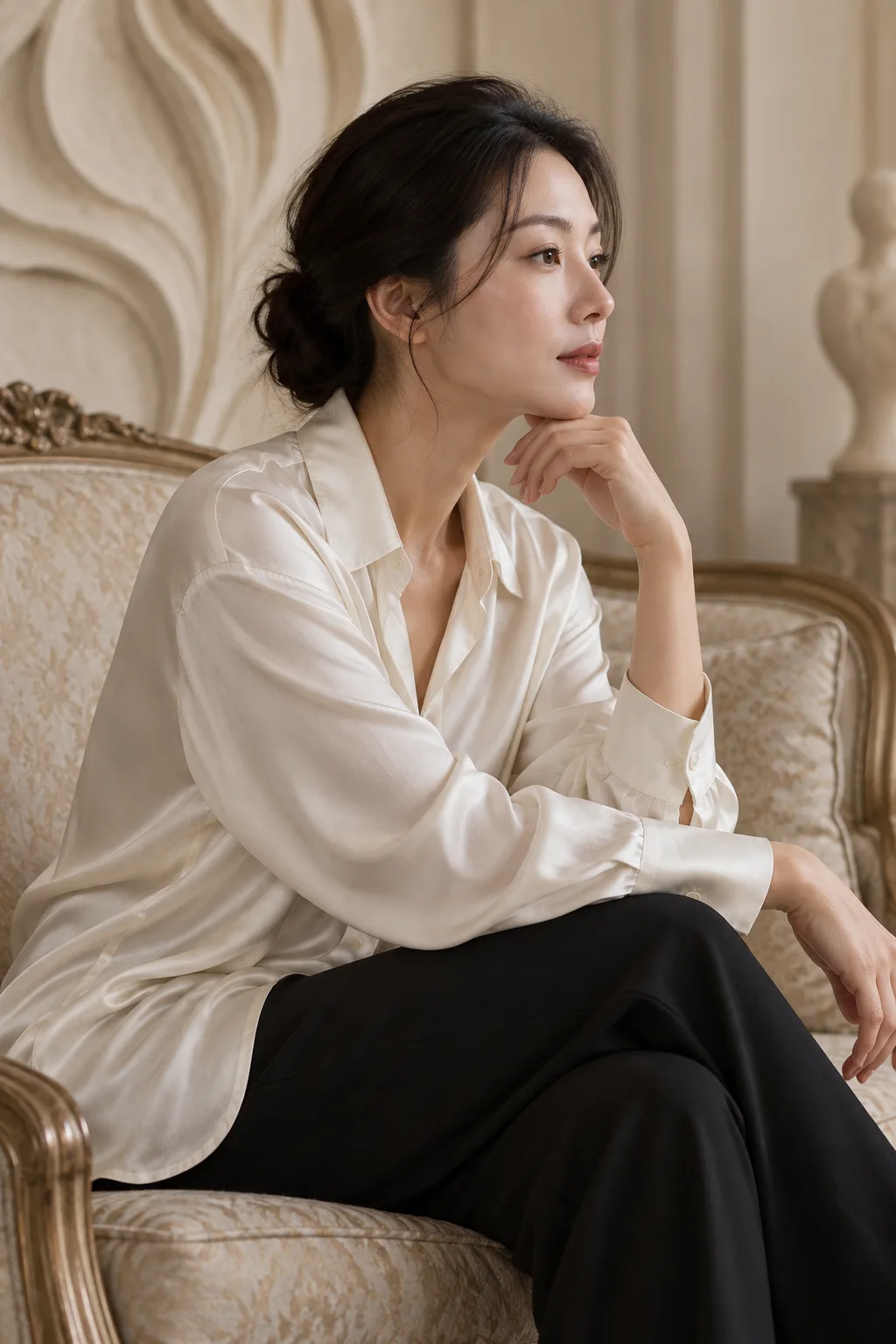 아이보리 블라우스의 측면 여성 · AI 브랜드 화보