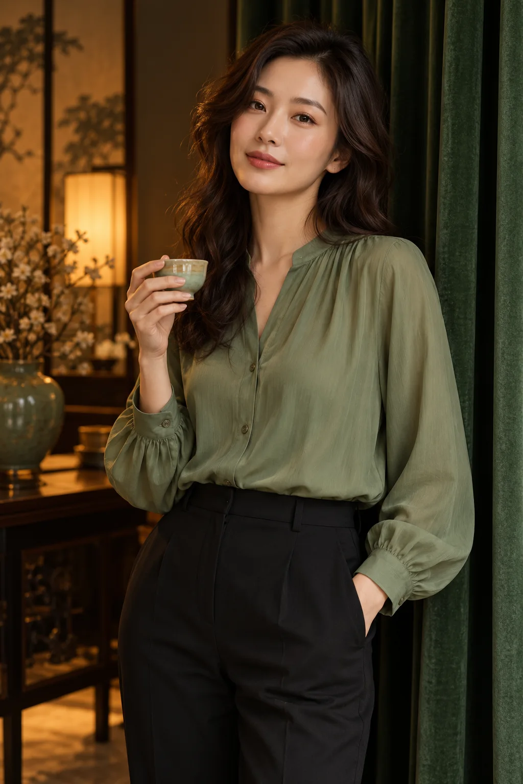 세이지 블라우스와 커튼 앞 여성 · AI 브랜드 화보