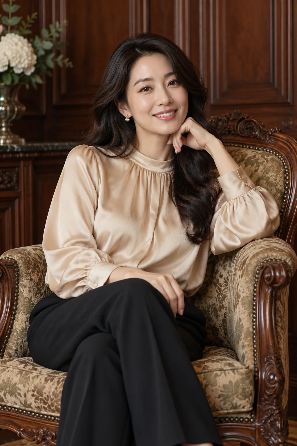 샴페인 블라우스의 편안한 여성 · AI 브랜드 화보
