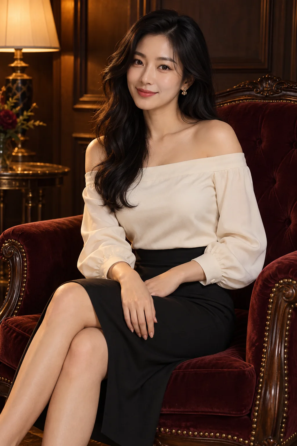 아이보리 블라우스와 검정 미디 스커트의 성인 여성 AI 화보