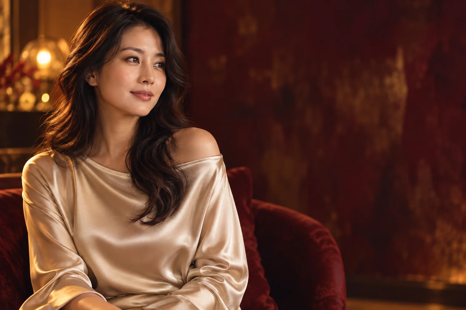 샴페인색 루즈핏 블라우스를 입고 옆을 바라보는 성인 여성의 AI 화보