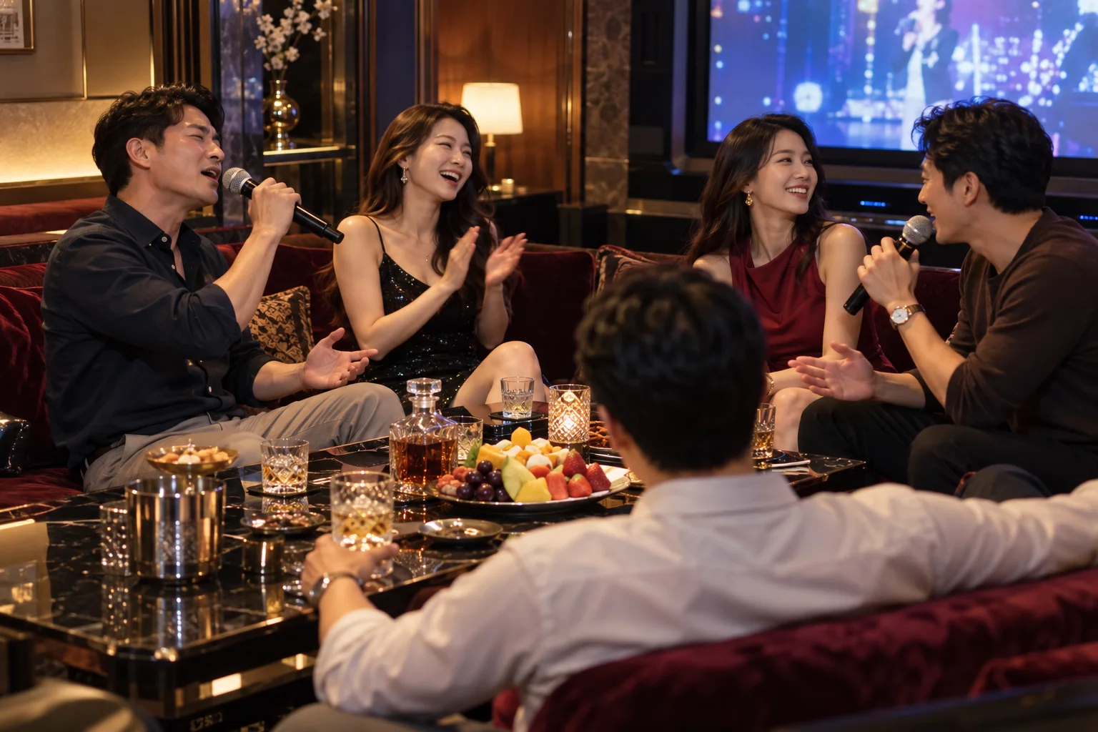 마이크로 노래하며 함께 웃고 박수 치는 일행