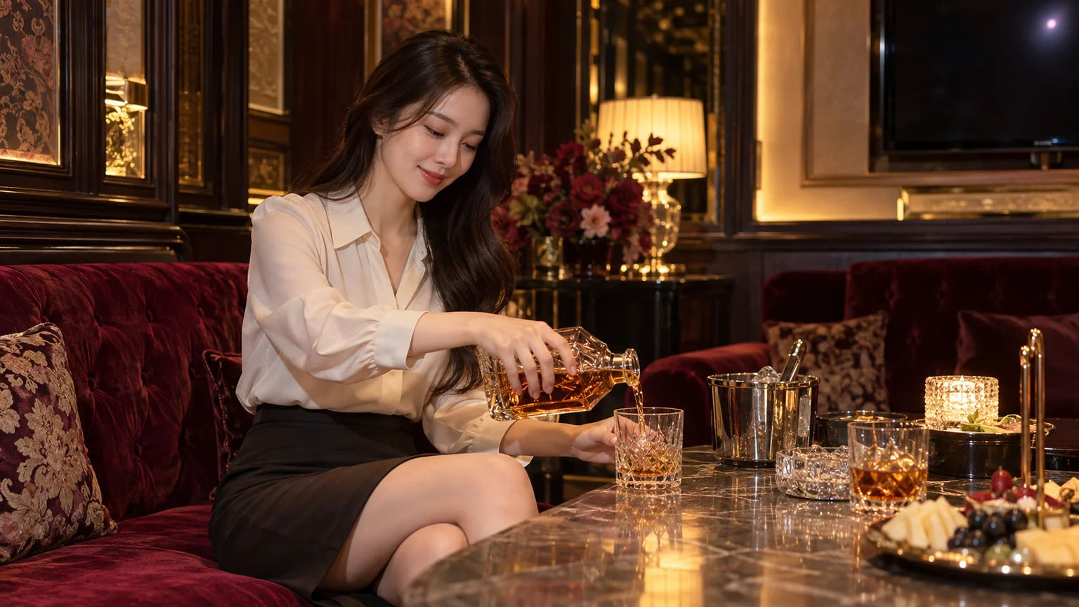 여성이 위스키를 따르는 라운지 분위기 이미지